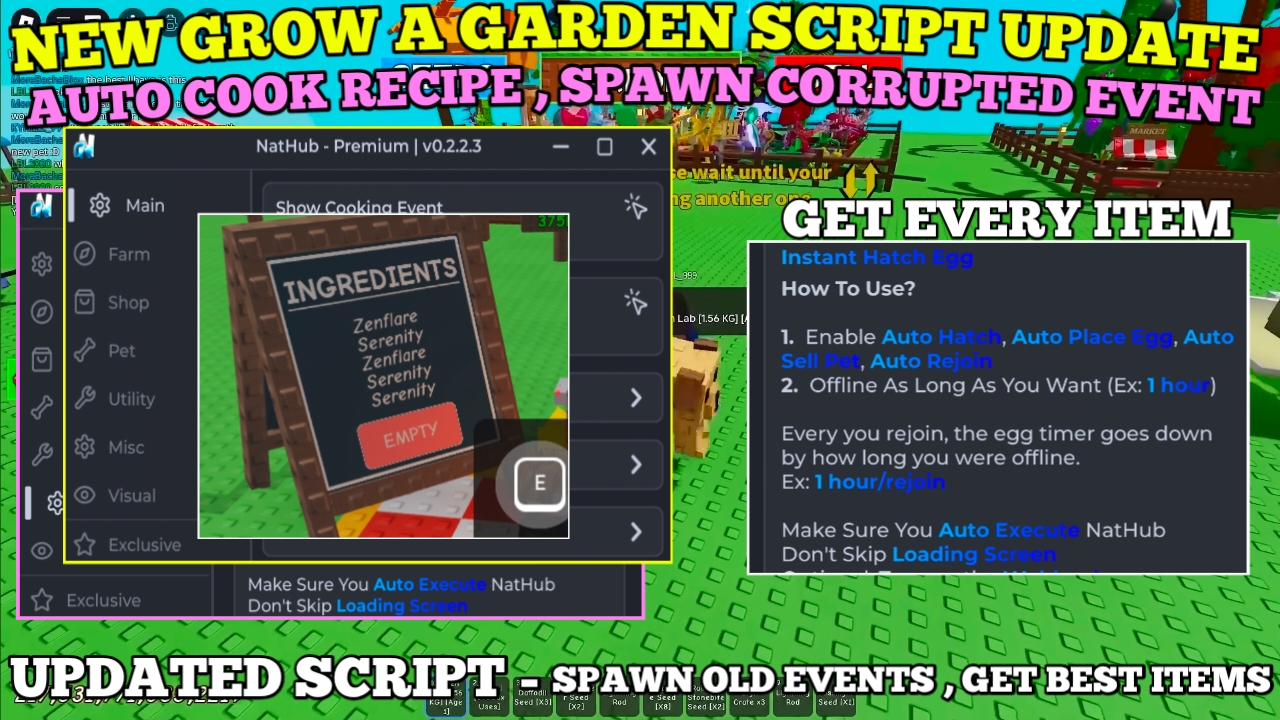[SKIP TIME] Grow A Garden Script , Skip Cooking Time , Instant Hatch Egg , Complete New Event