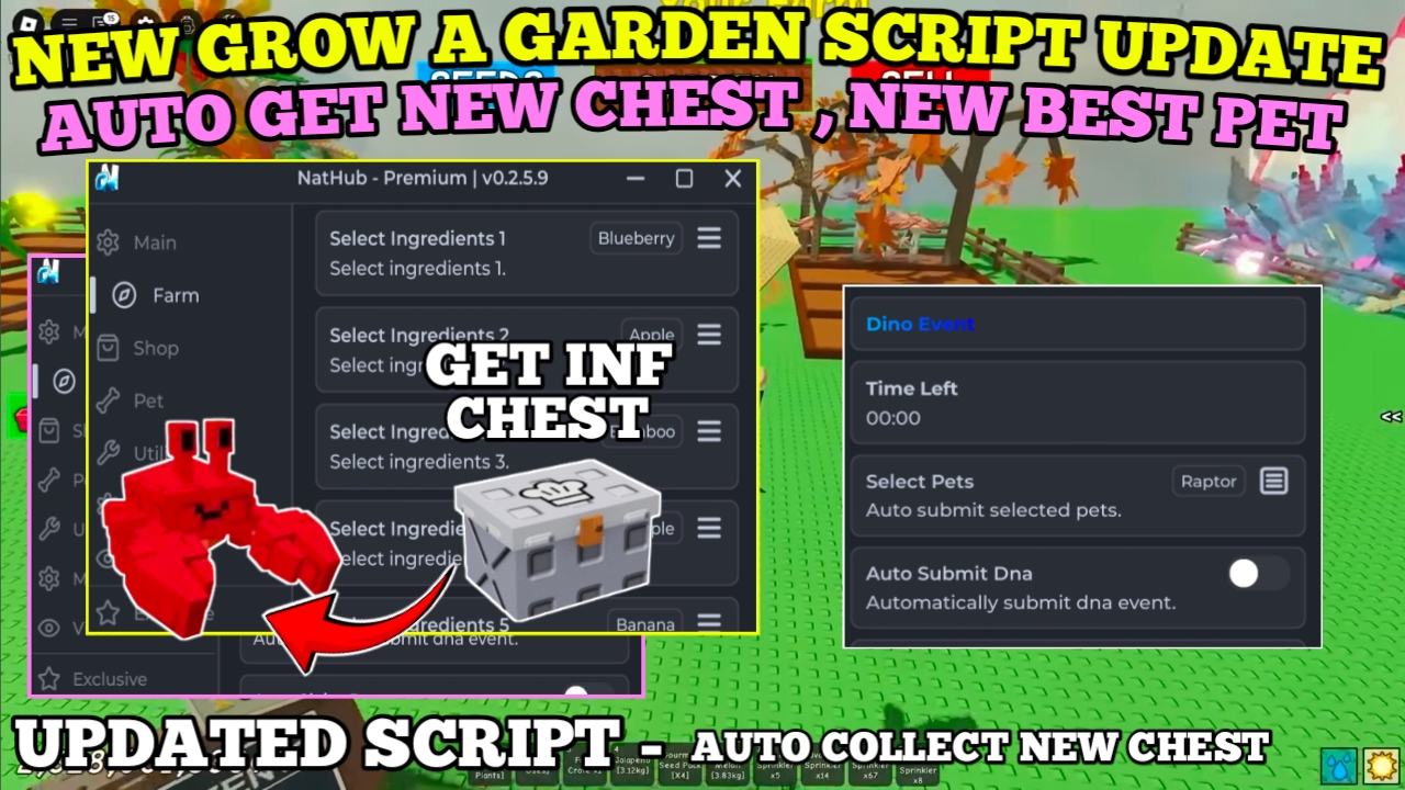 [INF CHEST] Grow A Garden Script , Auto Cook Food , Auto Complete Quest , Get 100x Dino Egg – Best