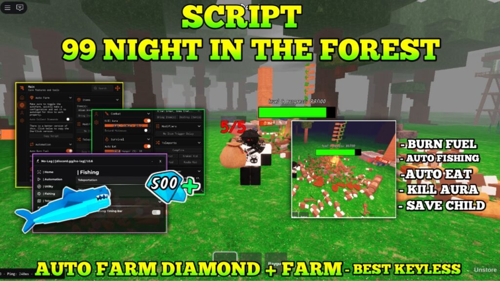 99 NIGHT IN THE FOREST SCRIPT –  AUTO Diamond [ Auto Fishing, Auto Heal, Bring Items, KILL AURA