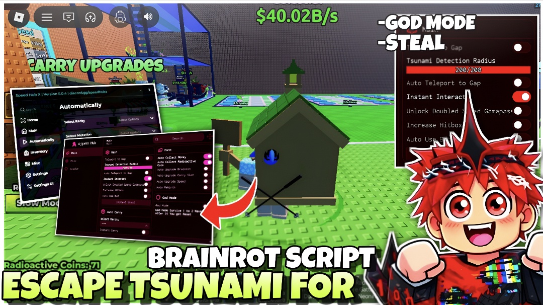 Escape Tsunami For Brainrot Script *2026*, God Mode, Instant Teleport, Auto Radioactive Coin🪙